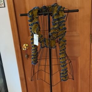 NEW! Handmade Knit Lace Faux Fur Ruffle Long Skinny Scarf Chartreuse Periwinkle